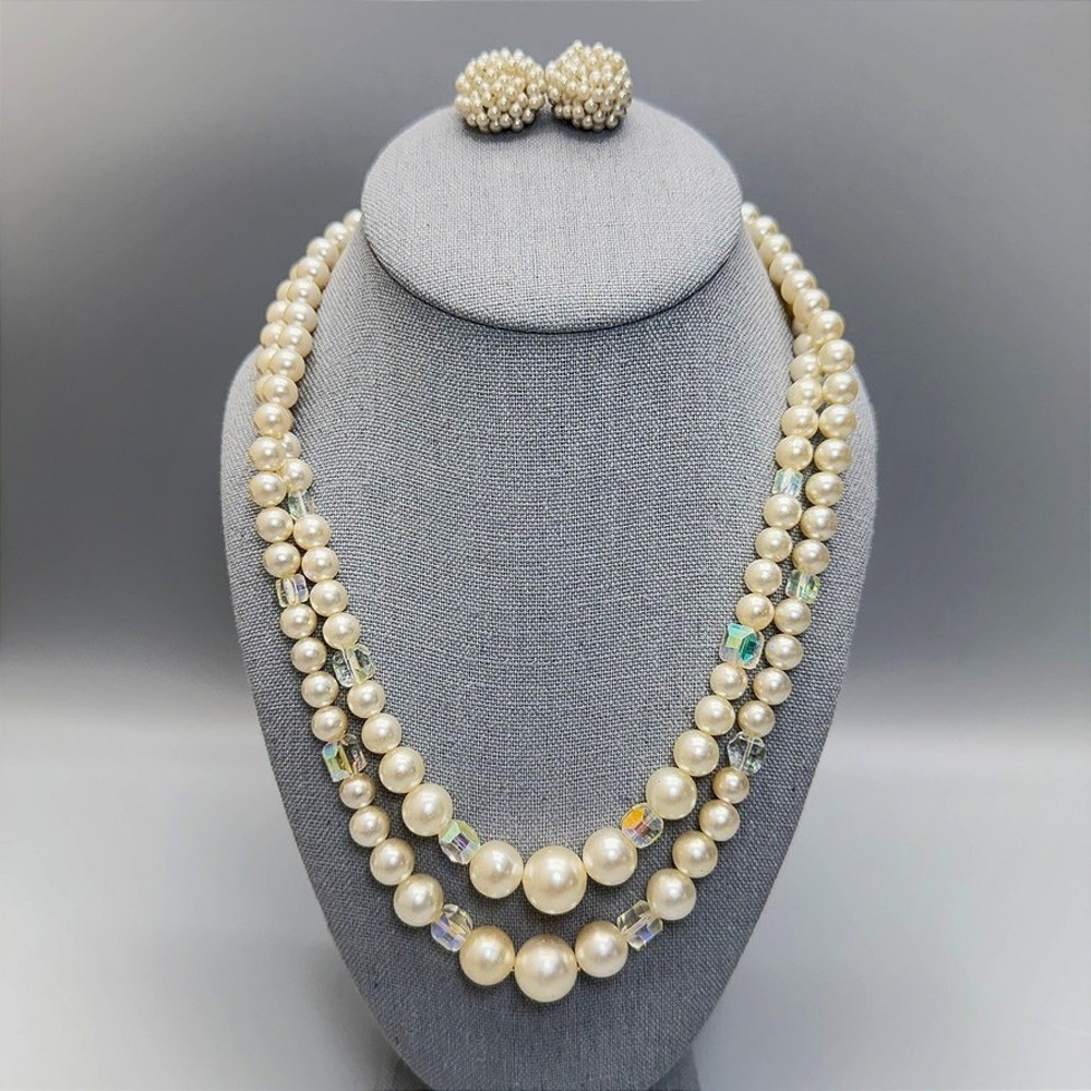 Vintage Faux Pearl AB Crystal Necklace Clip On Earring Lot 18" Double Strand